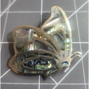 Mexico Alpaca Silver Abalone Mother of Pearl Butterfly Brooch/ Pendant Vintage